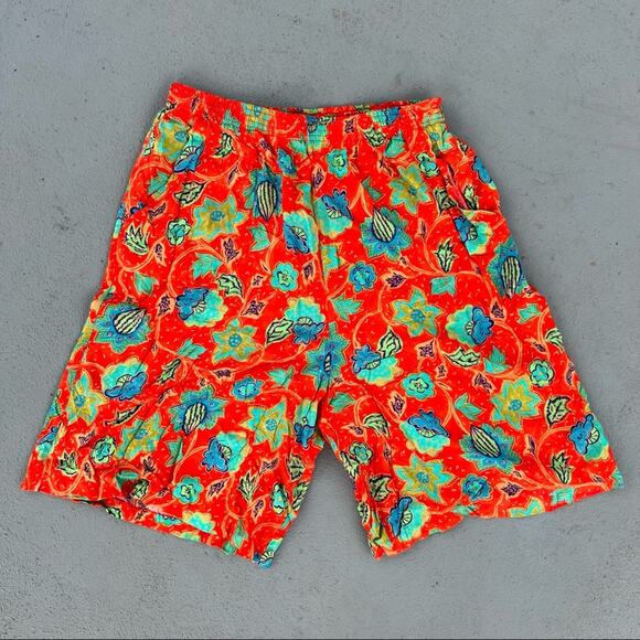 Vintage bold tropical floral high rise elastic waist lounge shorts with pockets - Picture 1 of 5